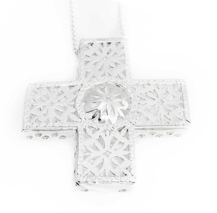 Openable silver cross in Florentine classical open work style